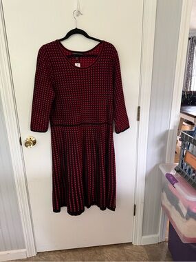 Lane Bryant Red and Black Patterned Long Sleeve Fit-and-Flare Dress